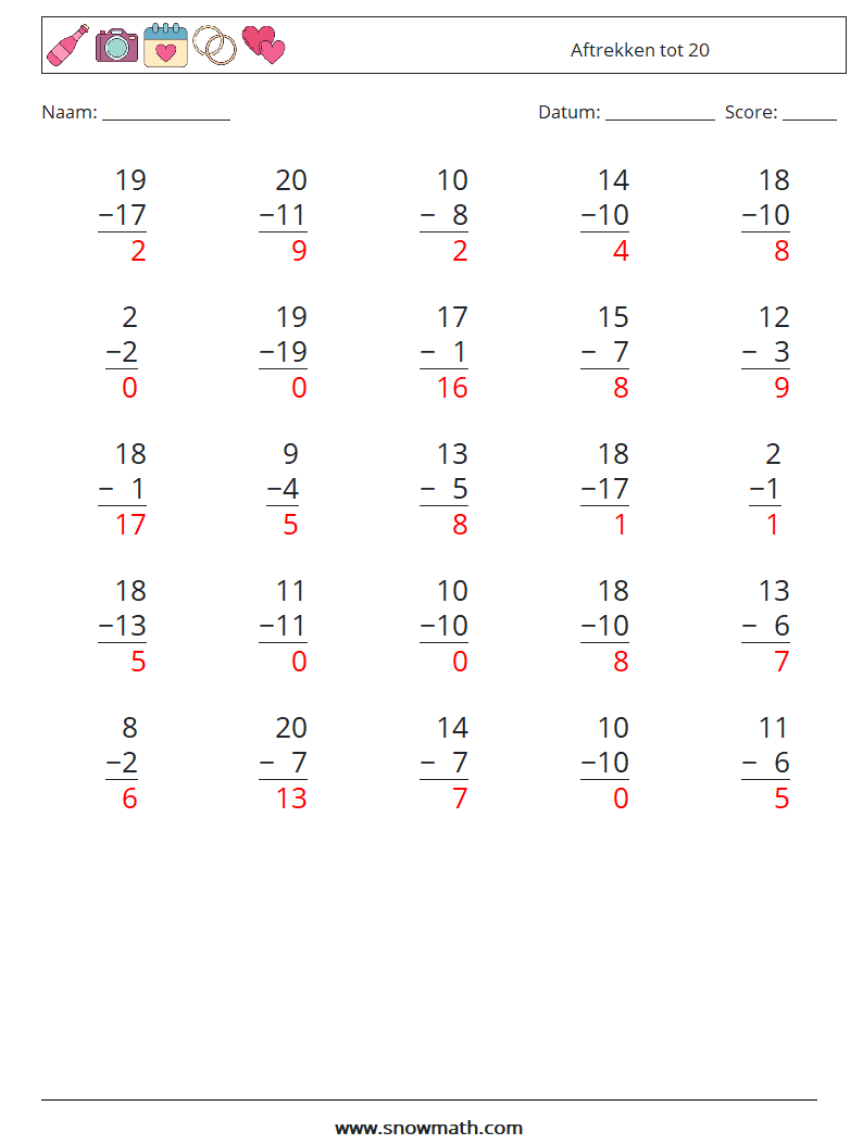 (25) Aftrekken tot 20 Wiskundige werkbladen 17 Vraag, Antwoord