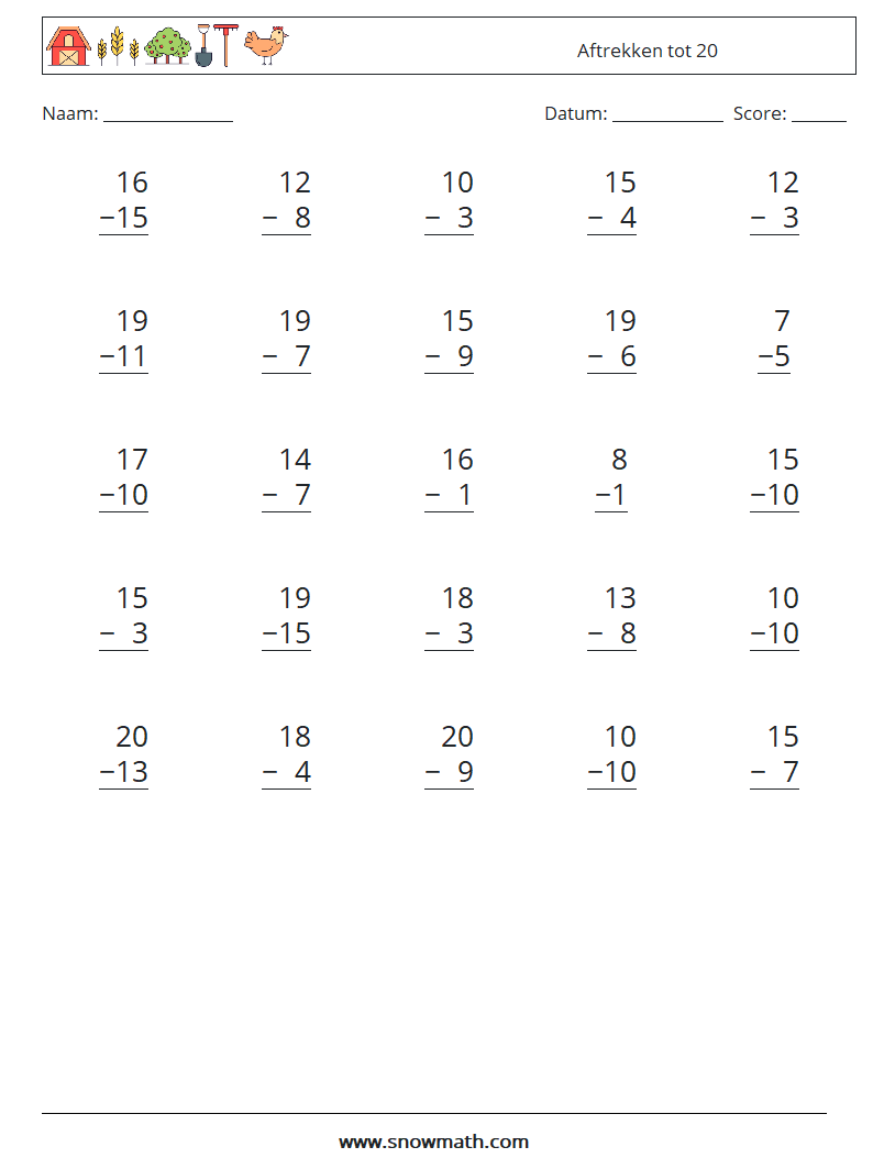 (25) Aftrekken tot 20 Wiskundige werkbladen 18