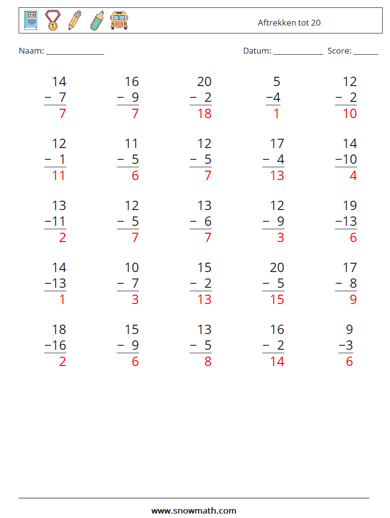 (25) Aftrekken tot 20 Wiskundige werkbladen 1 Vraag, Antwoord