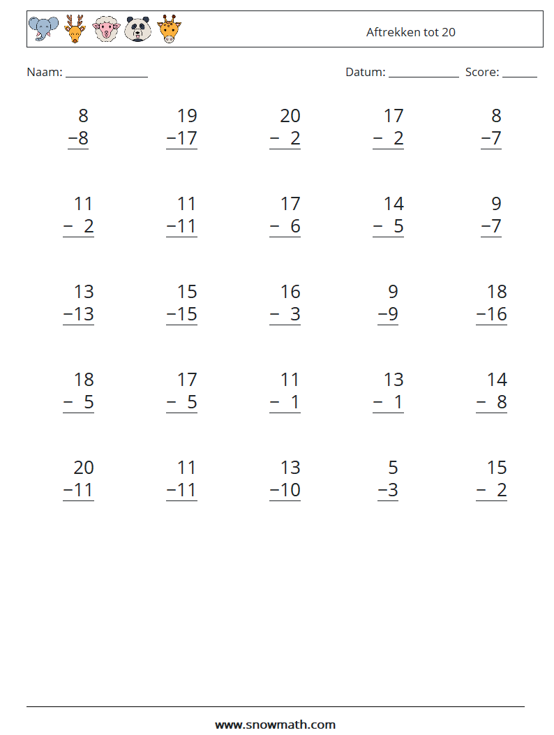 (25) Aftrekken tot 20 Wiskundige werkbladen 2