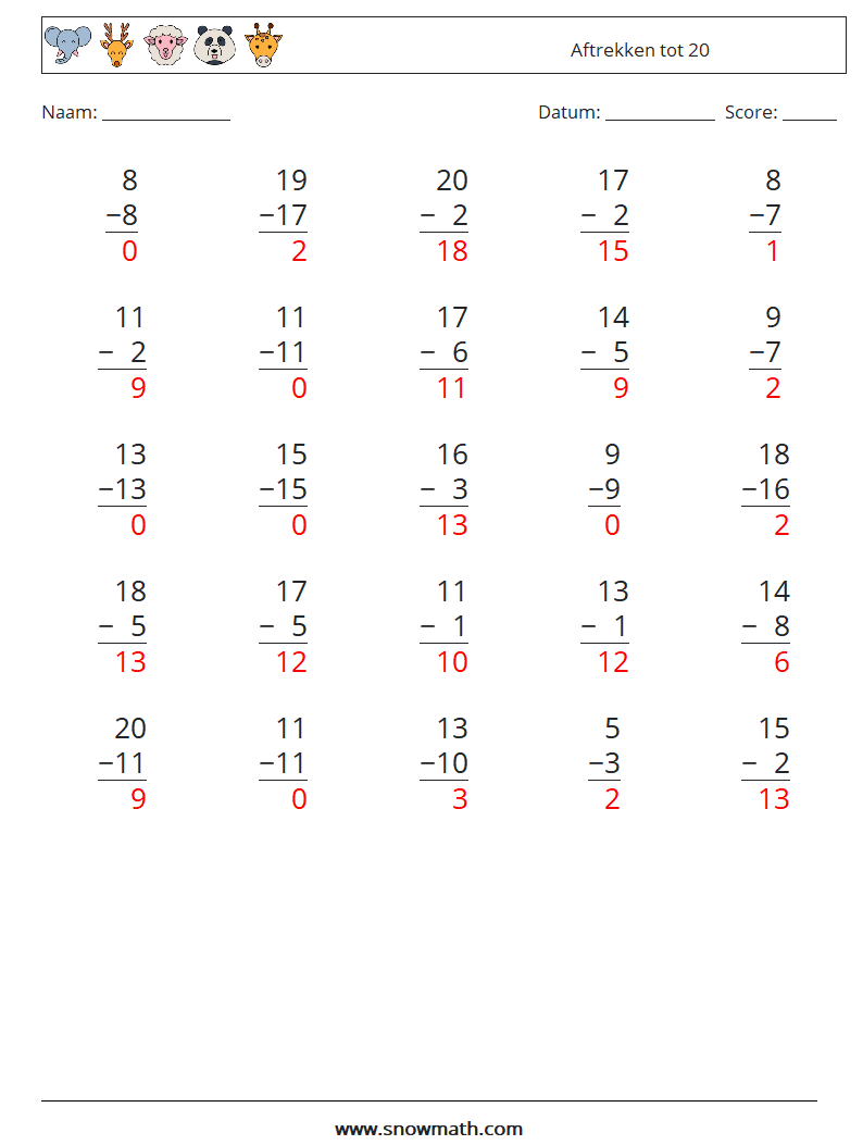 (25) Aftrekken tot 20 Wiskundige werkbladen 2 Vraag, Antwoord