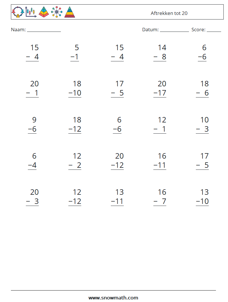 (25) Aftrekken tot 20 Wiskundige werkbladen 3