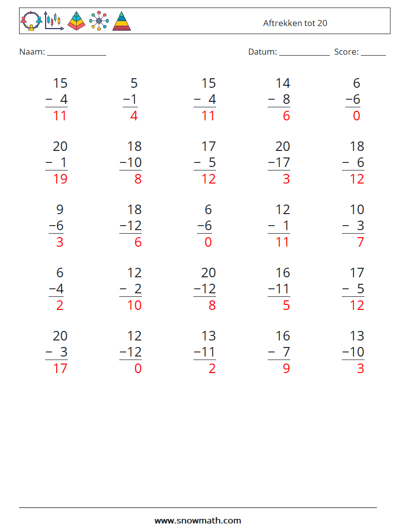 (25) Aftrekken tot 20 Wiskundige werkbladen 3 Vraag, Antwoord