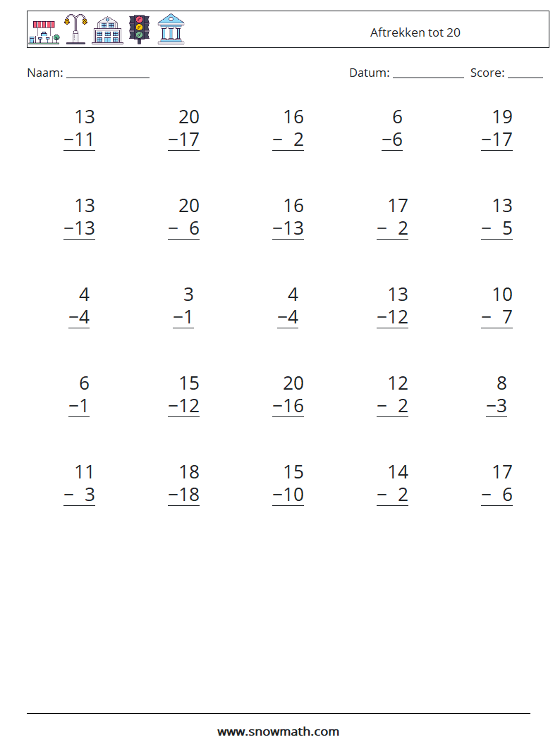 (25) Aftrekken tot 20 Wiskundige werkbladen 4