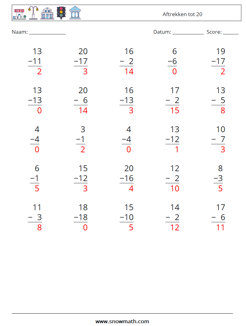 (25) Aftrekken tot 20 Wiskundige werkbladen 4 Vraag, Antwoord