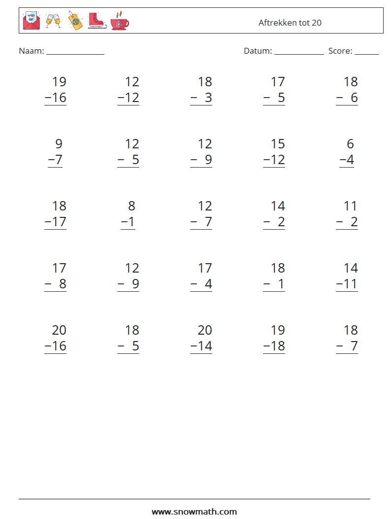 (25) Aftrekken tot 20 Wiskundige werkbladen 5