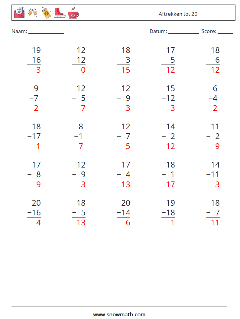 (25) Aftrekken tot 20 Wiskundige werkbladen 5 Vraag, Antwoord