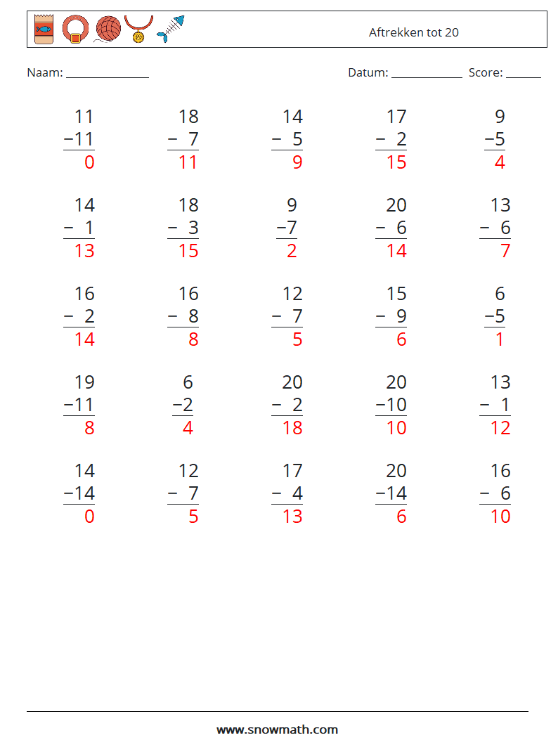 (25) Aftrekken tot 20 Wiskundige werkbladen 6 Vraag, Antwoord