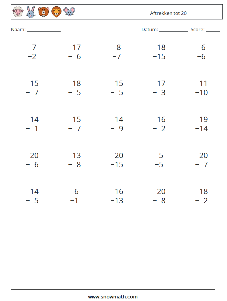 (25) Aftrekken tot 20 Wiskundige werkbladen 7