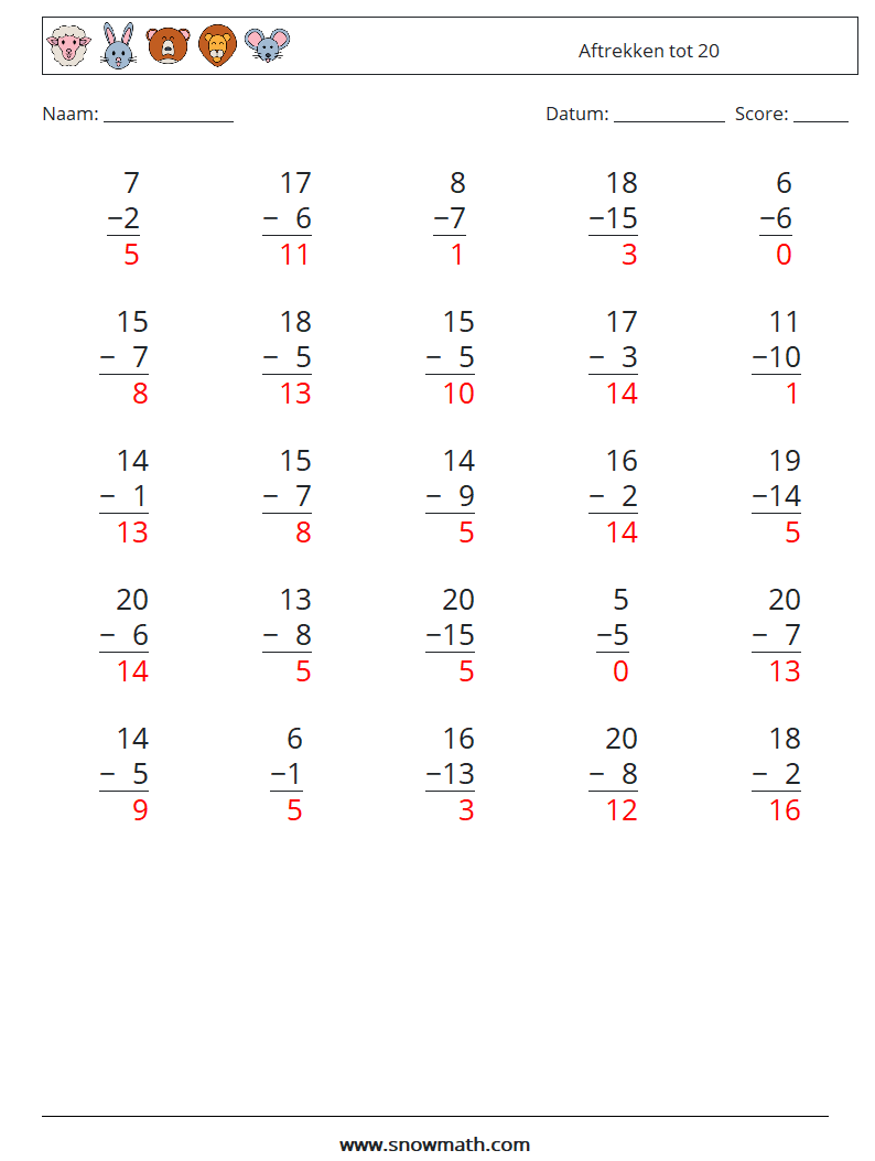 (25) Aftrekken tot 20 Wiskundige werkbladen 7 Vraag, Antwoord