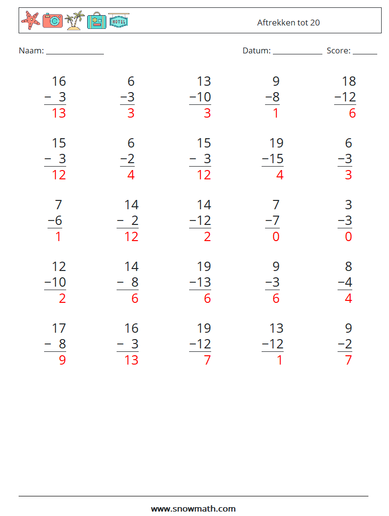 (25) Aftrekken tot 20 Wiskundige werkbladen 8 Vraag, Antwoord