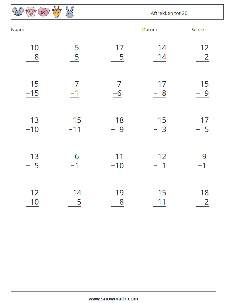 (25) Aftrekken tot 20 Wiskundige werkbladen 9