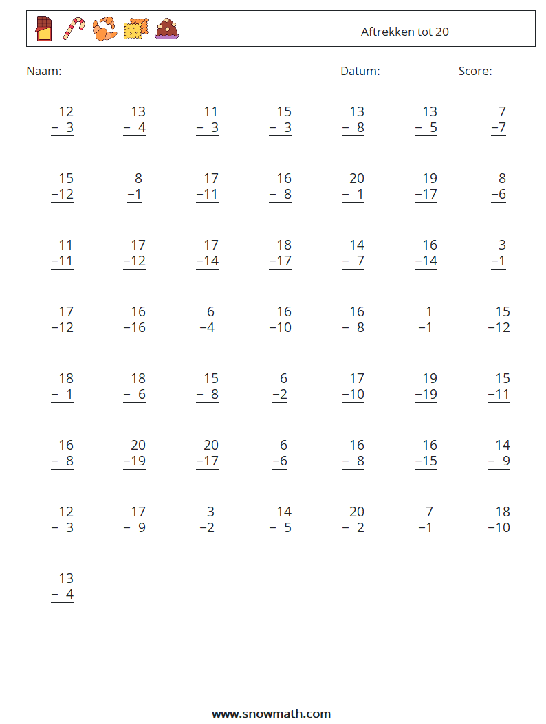(50) Aftrekken tot 20 Wiskundige werkbladen 10