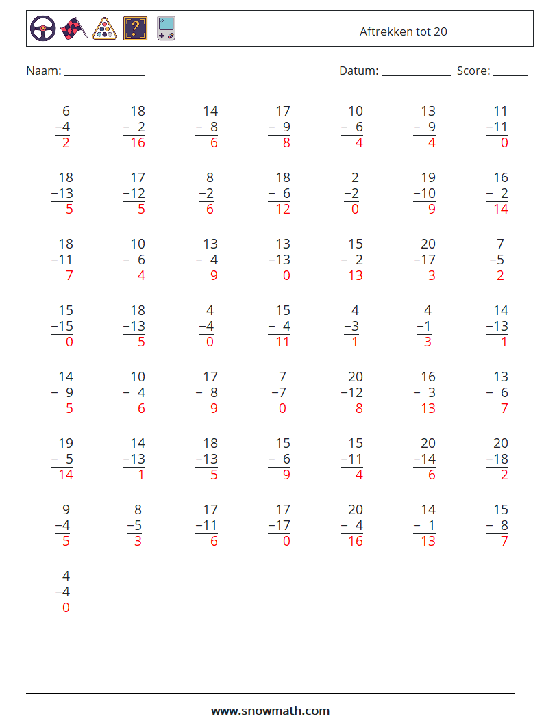 (50) Aftrekken tot 20 Wiskundige werkbladen 11 Vraag, Antwoord