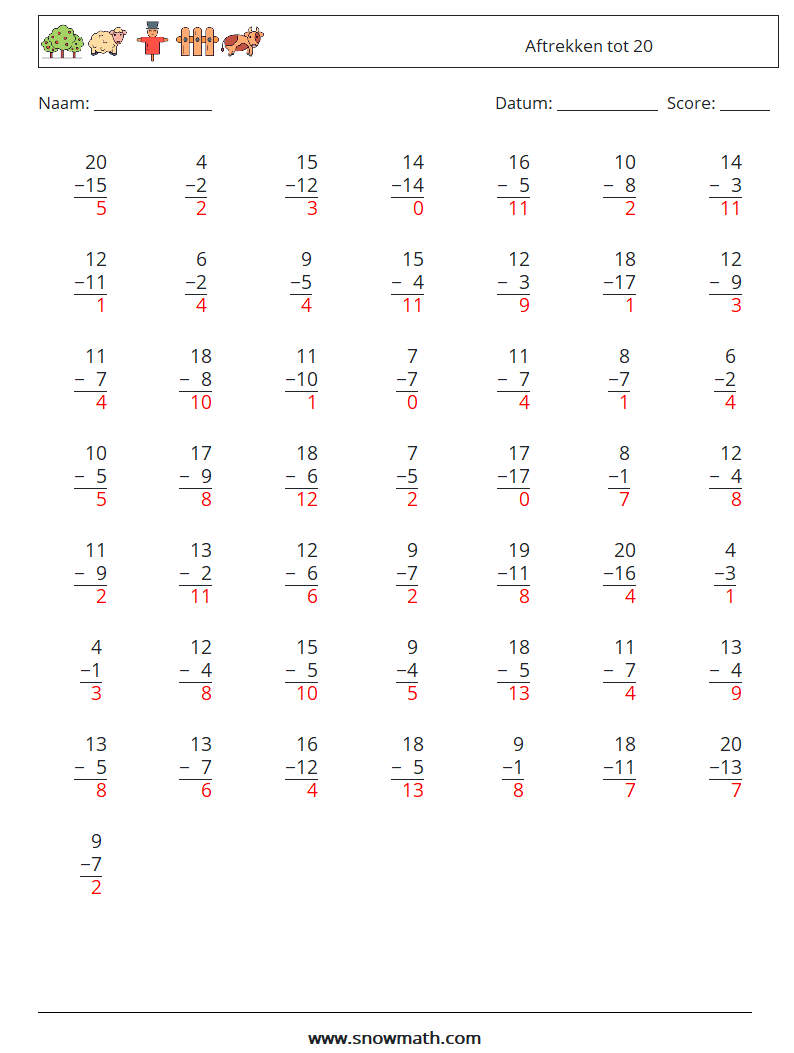(50) Aftrekken tot 20 Wiskundige werkbladen 13 Vraag, Antwoord