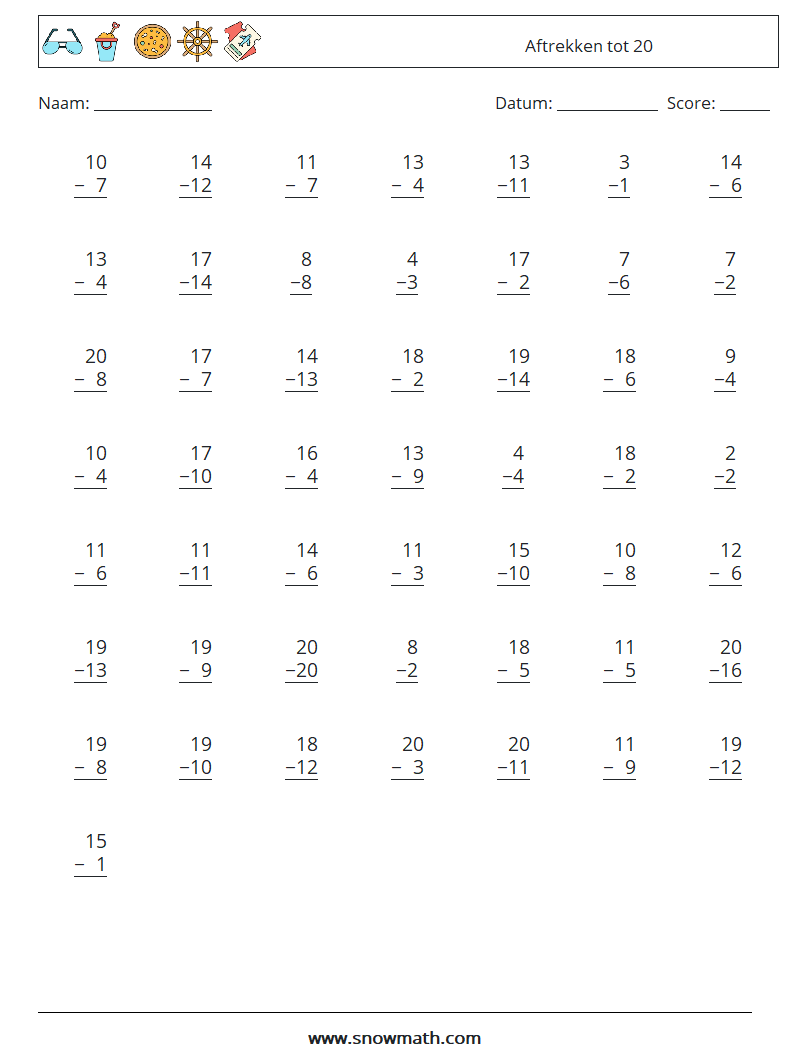 (50) Aftrekken tot 20 Wiskundige werkbladen 16