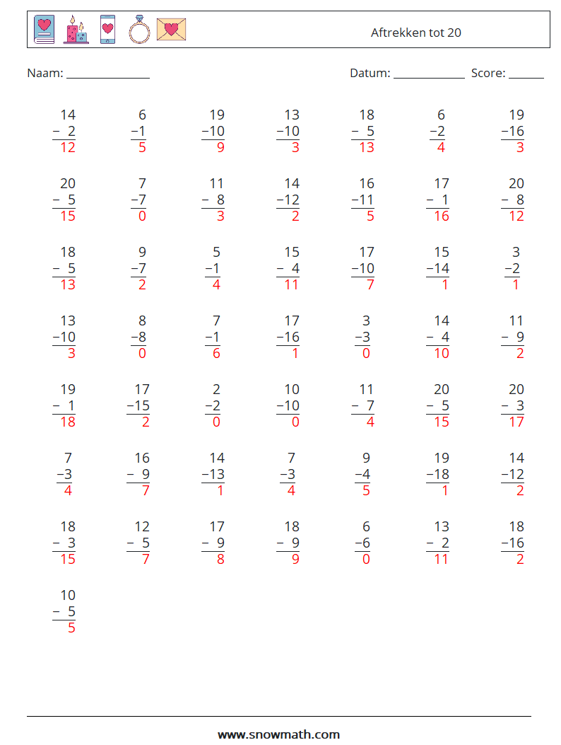 (50) Aftrekken tot 20 Wiskundige werkbladen 1 Vraag, Antwoord