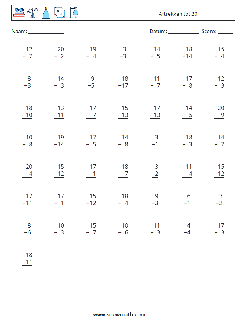 (50) Aftrekken tot 20 Wiskundige werkbladen 2