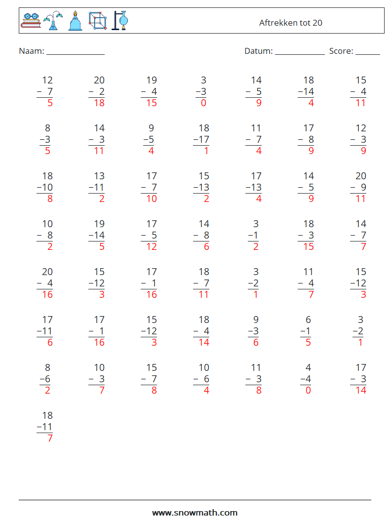 (50) Aftrekken tot 20 Wiskundige werkbladen 2 Vraag, Antwoord