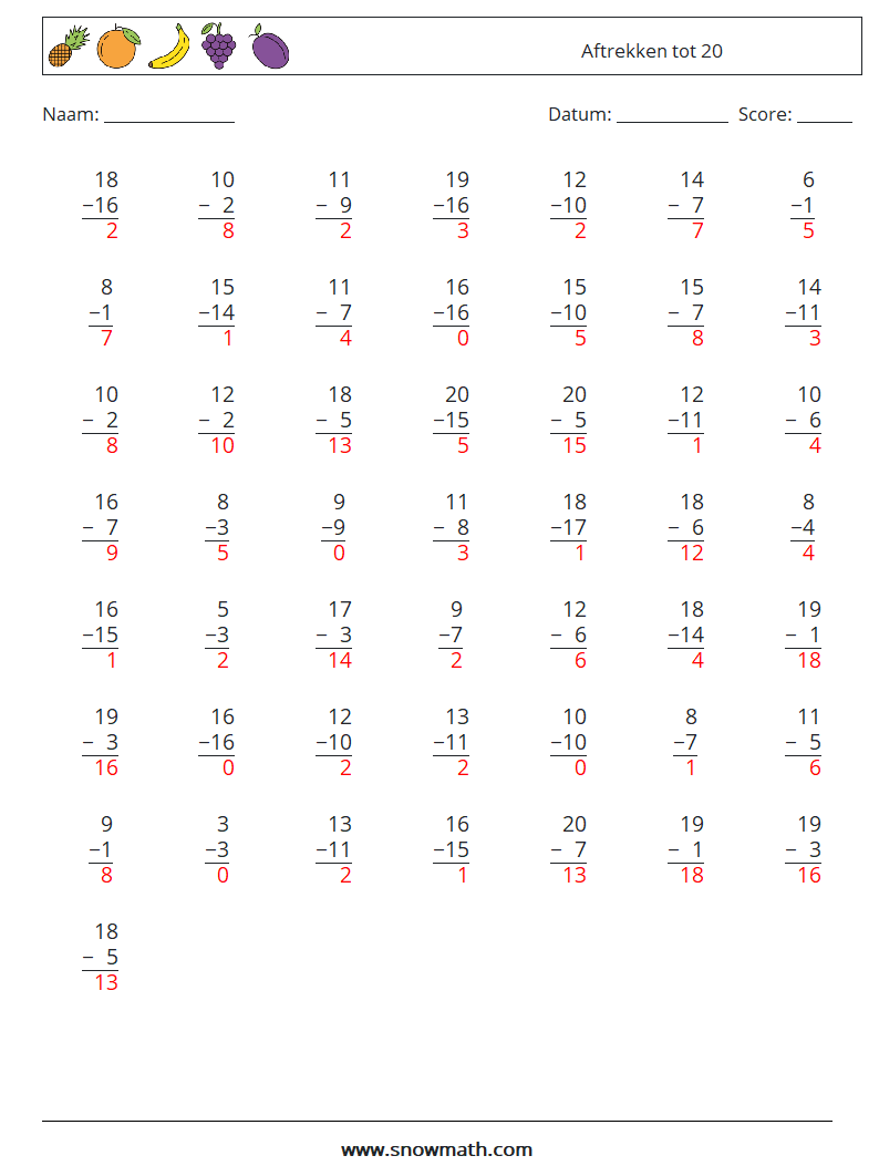 (50) Aftrekken tot 20 Wiskundige werkbladen 3 Vraag, Antwoord