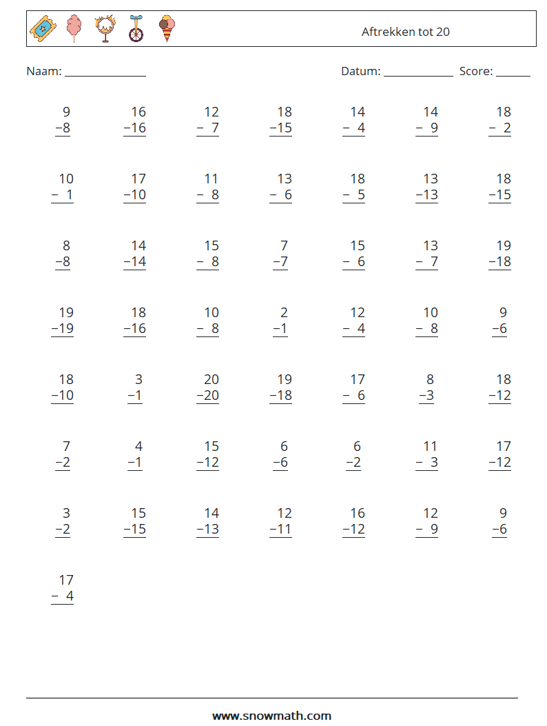 (50) Aftrekken tot 20 Wiskundige werkbladen 4