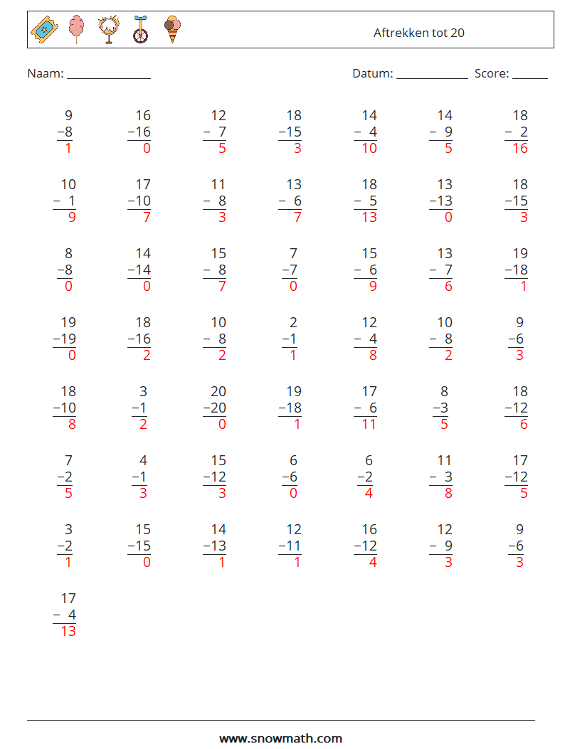 (50) Aftrekken tot 20 Wiskundige werkbladen 4 Vraag, Antwoord