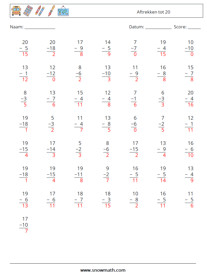 (50) Aftrekken tot 20 Wiskundige werkbladen 5 Vraag, Antwoord