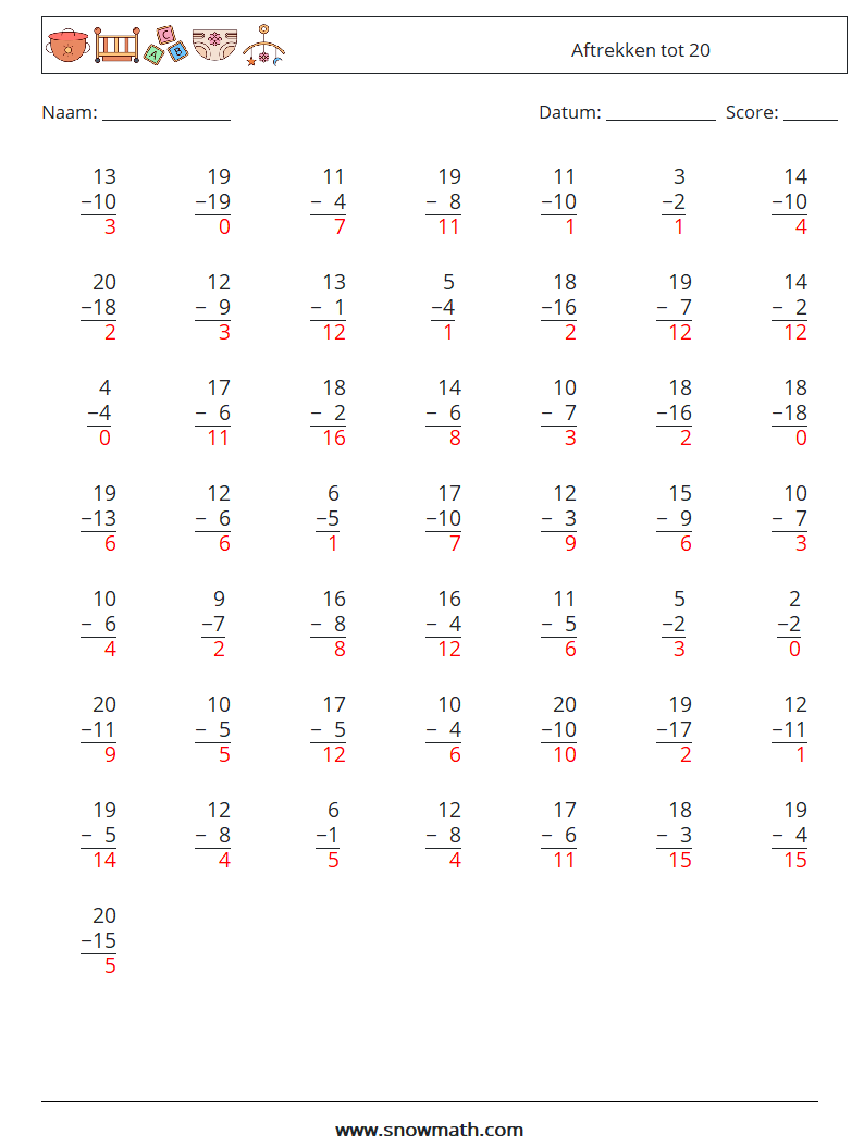 (50) Aftrekken tot 20 Wiskundige werkbladen 6 Vraag, Antwoord