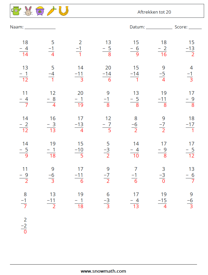 (50) Aftrekken tot 20 Wiskundige werkbladen 7 Vraag, Antwoord