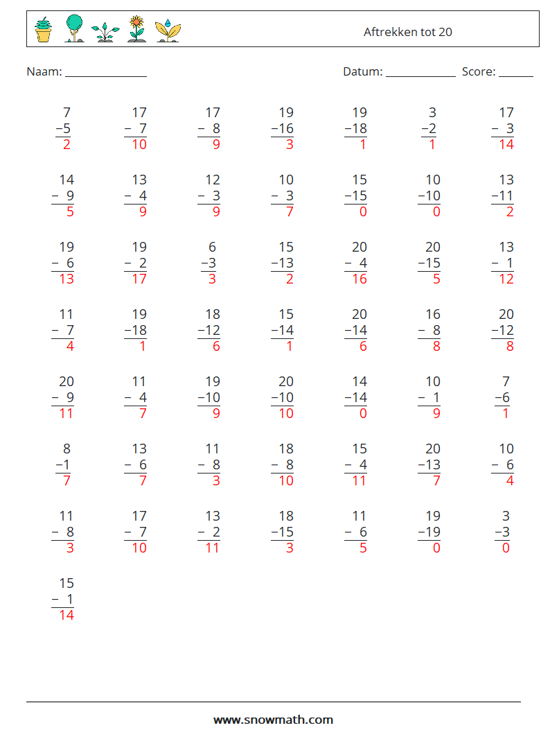 (50) Aftrekken tot 20 Wiskundige werkbladen 8 Vraag, Antwoord