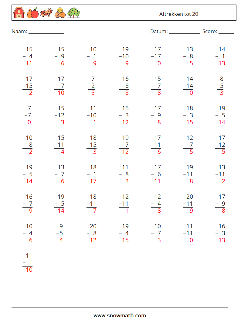 (50) Aftrekken tot 20 Wiskundige werkbladen 9 Vraag, Antwoord