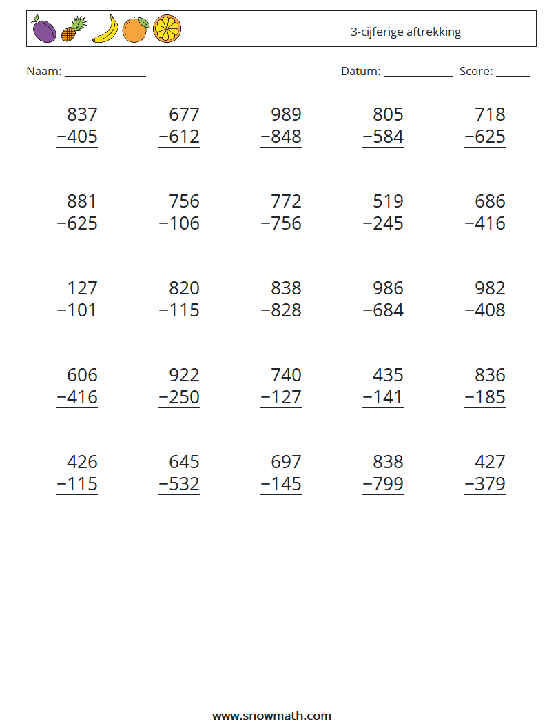 (25) 3-cijferige aftrekking Wiskundige werkbladen 1