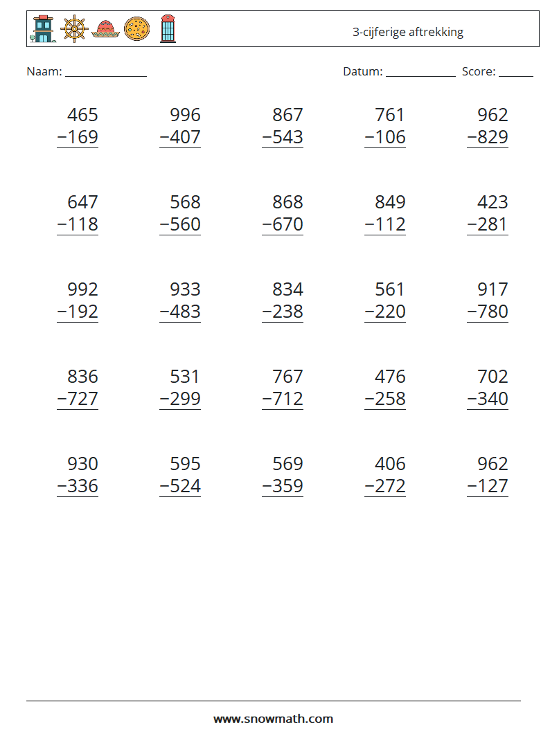 (25) 3-cijferige aftrekking Wiskundige werkbladen 10