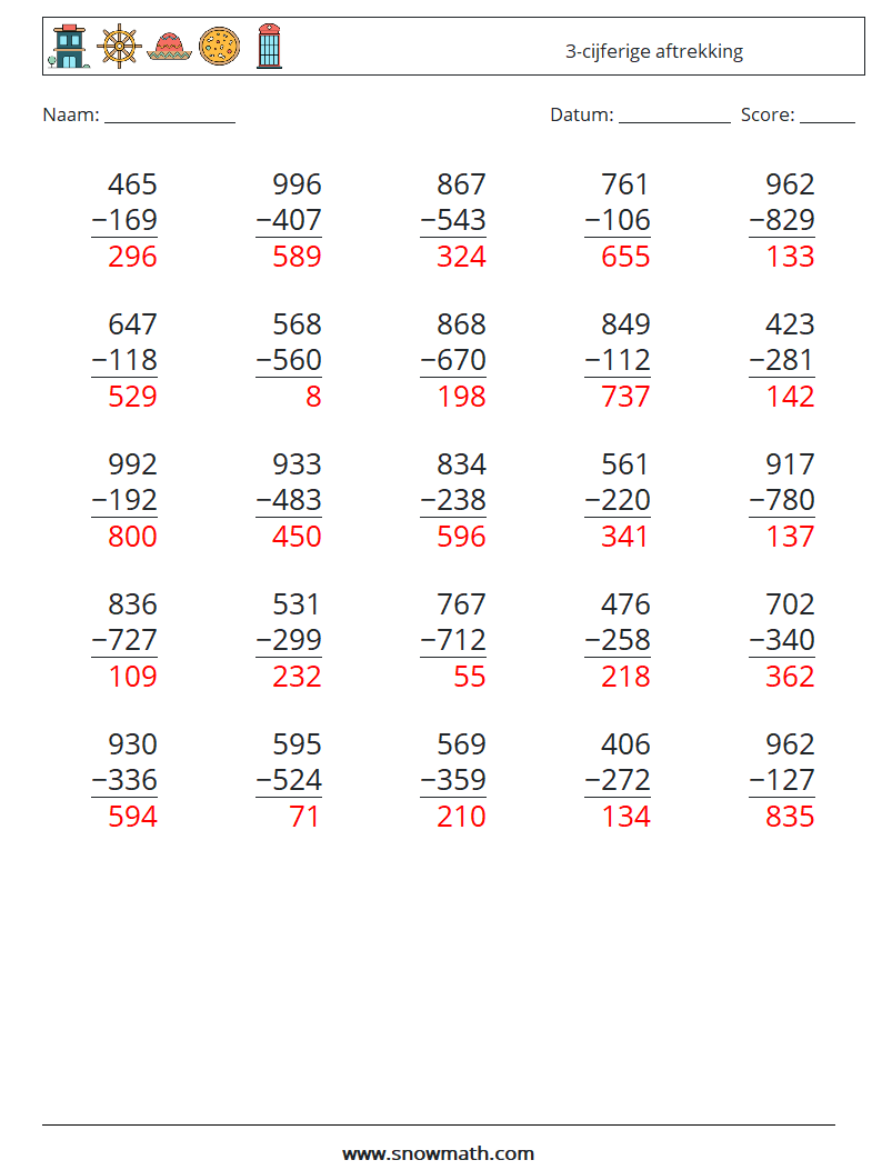 (25) 3-cijferige aftrekking Wiskundige werkbladen 10 Vraag, Antwoord