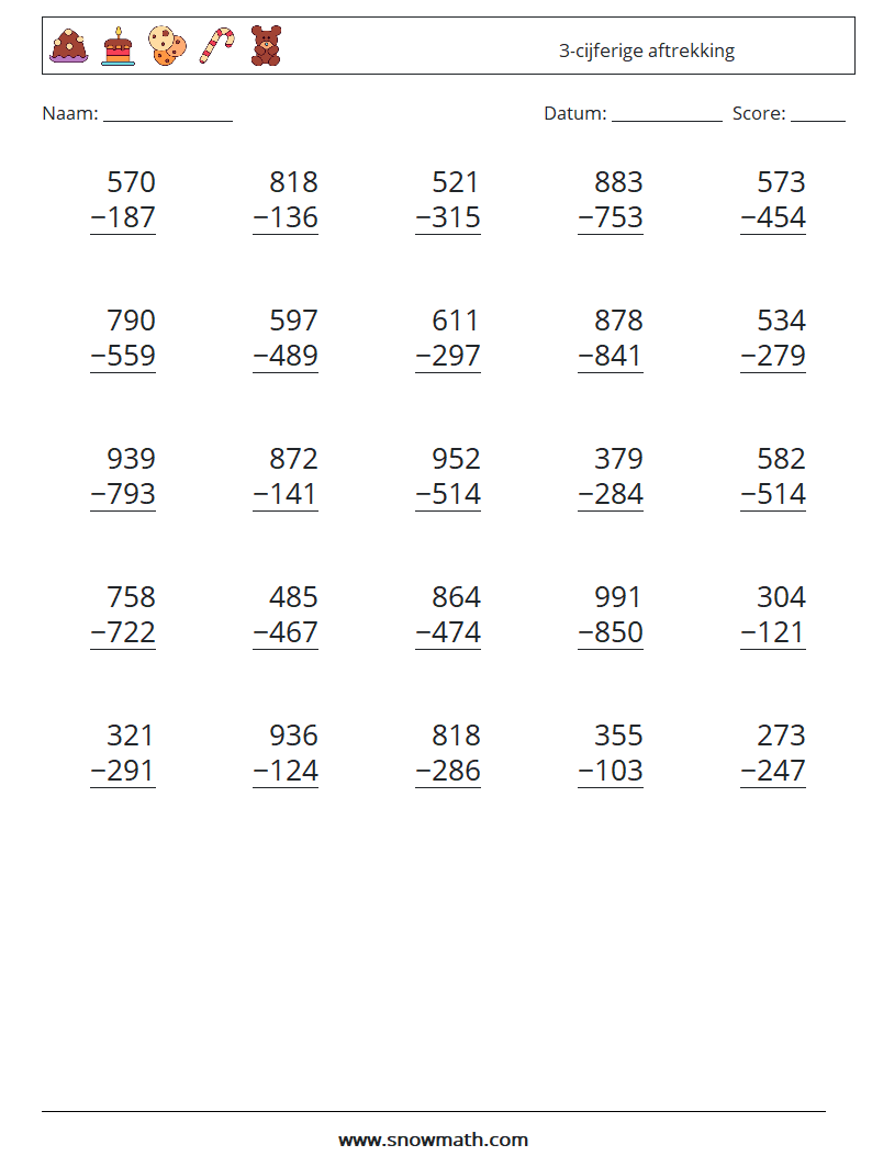 (25) 3-cijferige aftrekking Wiskundige werkbladen 11