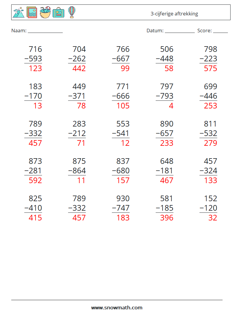 (25) 3-cijferige aftrekking Wiskundige werkbladen 12 Vraag, Antwoord