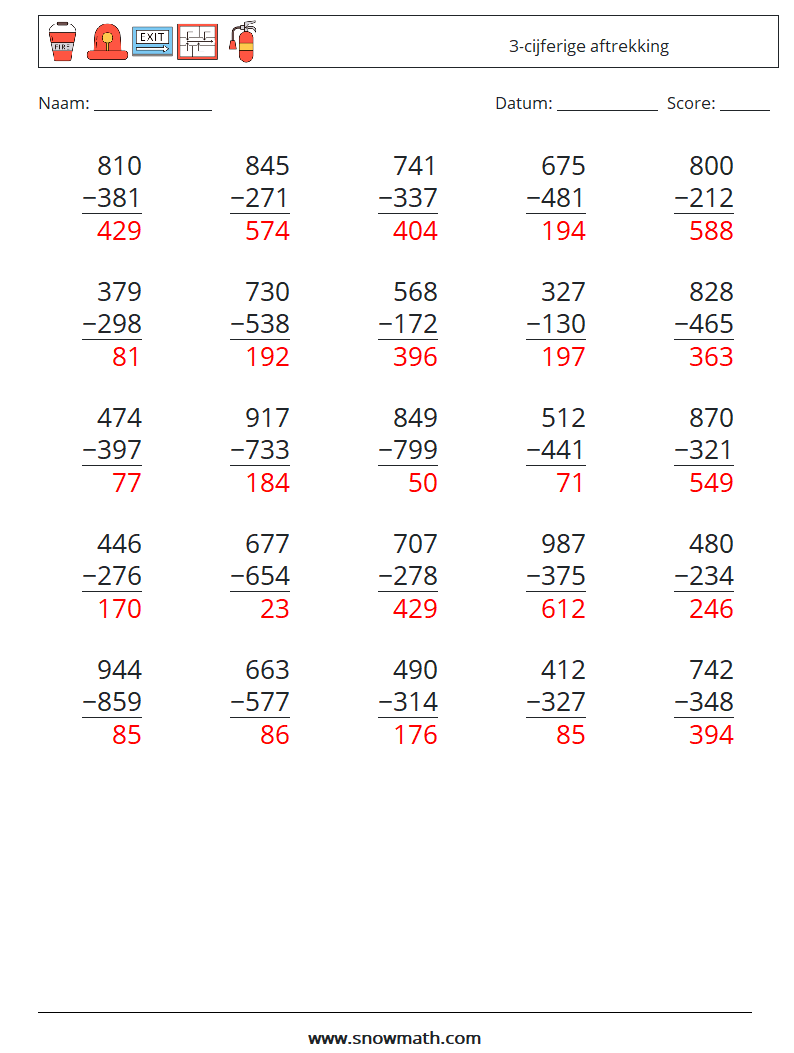 (25) 3-cijferige aftrekking Wiskundige werkbladen 13 Vraag, Antwoord