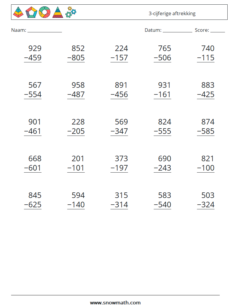 (25) 3-cijferige aftrekking Wiskundige werkbladen 14