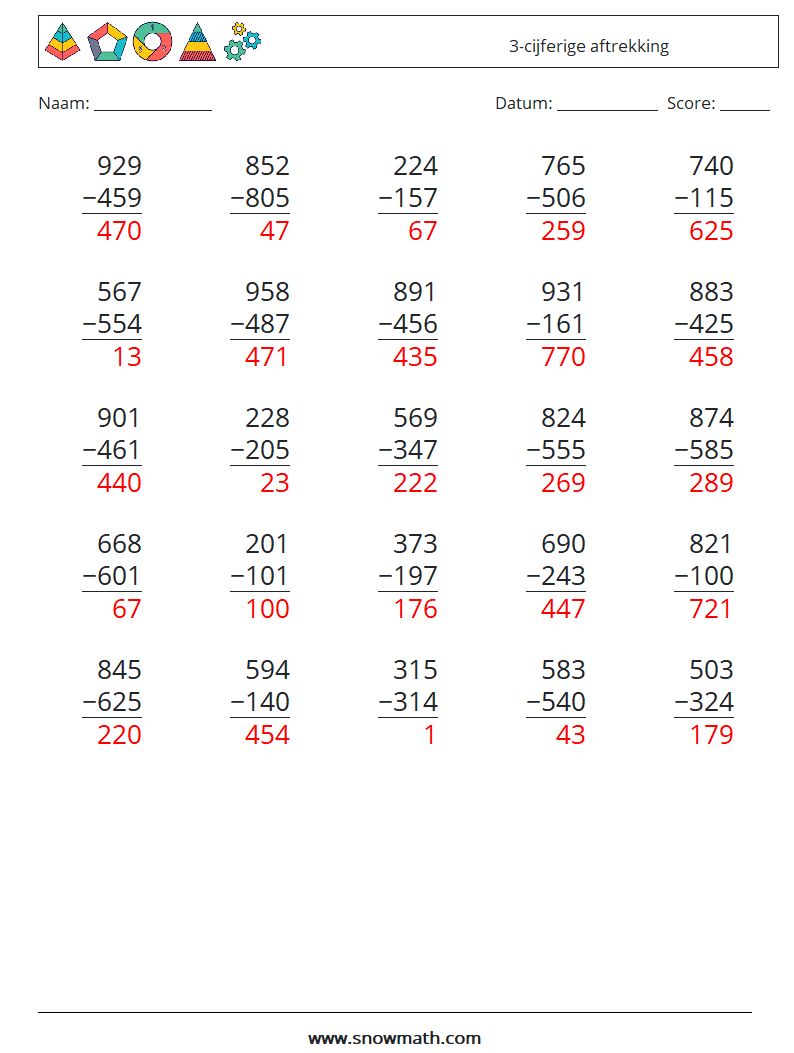 (25) 3-cijferige aftrekking Wiskundige werkbladen 14 Vraag, Antwoord