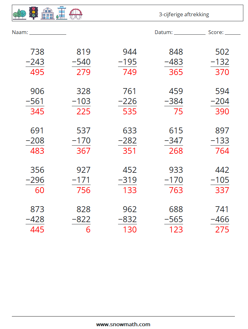 (25) 3-cijferige aftrekking Wiskundige werkbladen 15 Vraag, Antwoord