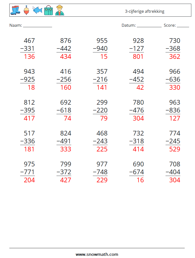 (25) 3-cijferige aftrekking Wiskundige werkbladen 17 Vraag, Antwoord