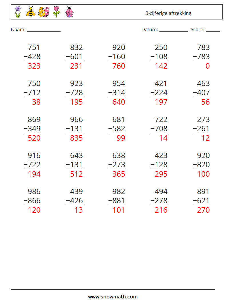 (25) 3-cijferige aftrekking Wiskundige werkbladen 18 Vraag, Antwoord