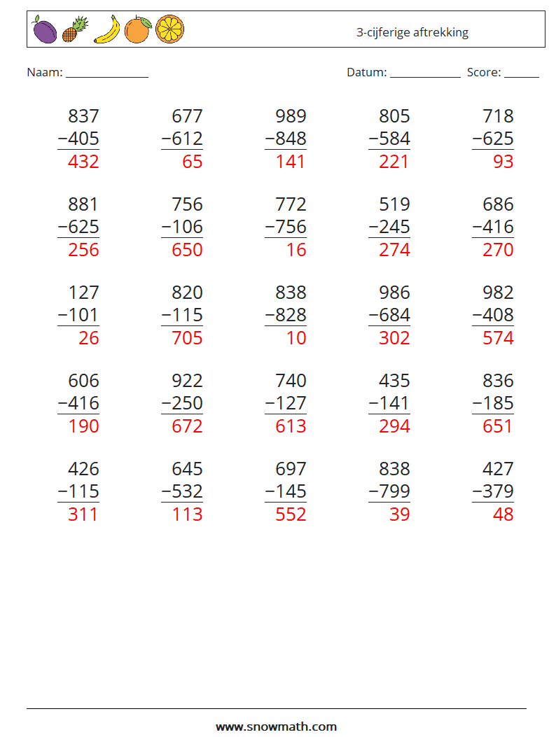 (25) 3-cijferige aftrekking Wiskundige werkbladen 1 Vraag, Antwoord