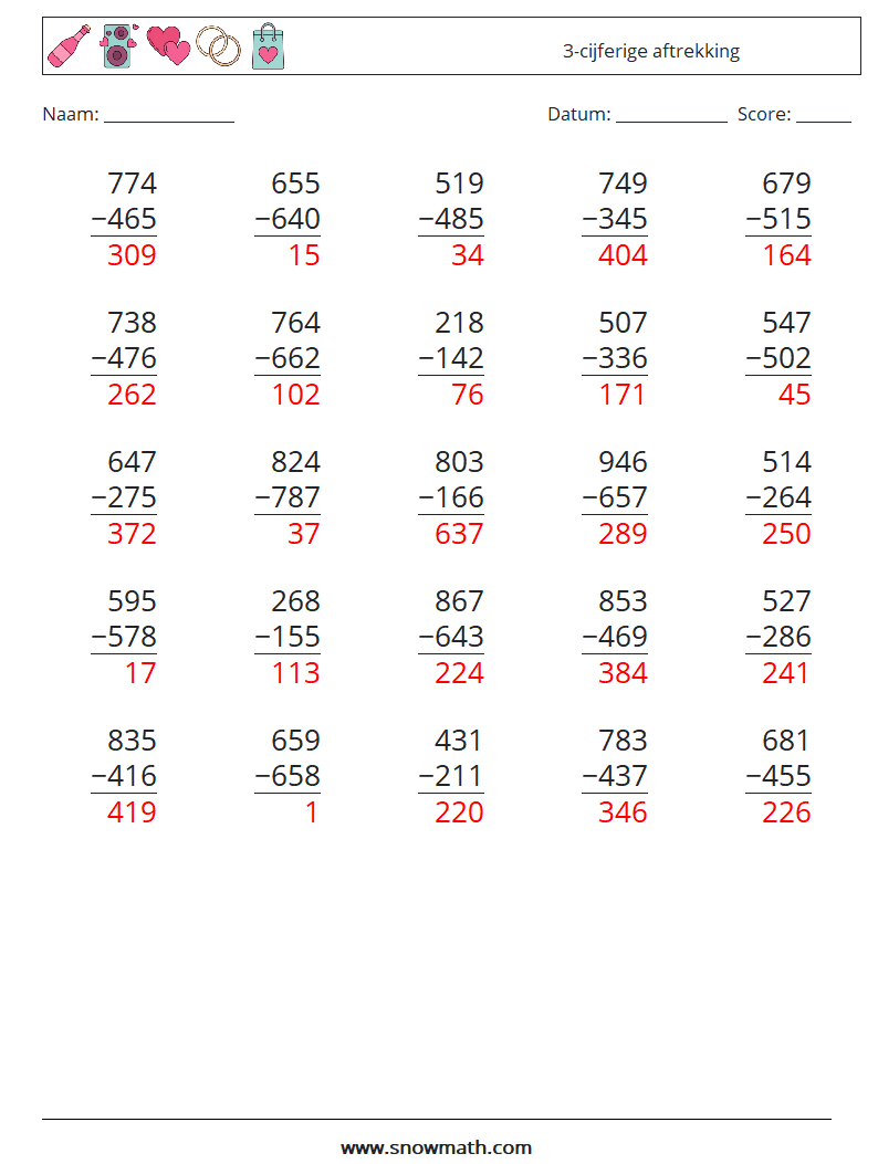 (25) 3-cijferige aftrekking Wiskundige werkbladen 2 Vraag, Antwoord