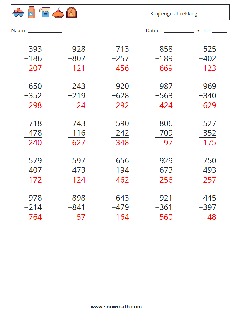 (25) 3-cijferige aftrekking Wiskundige werkbladen 3 Vraag, Antwoord