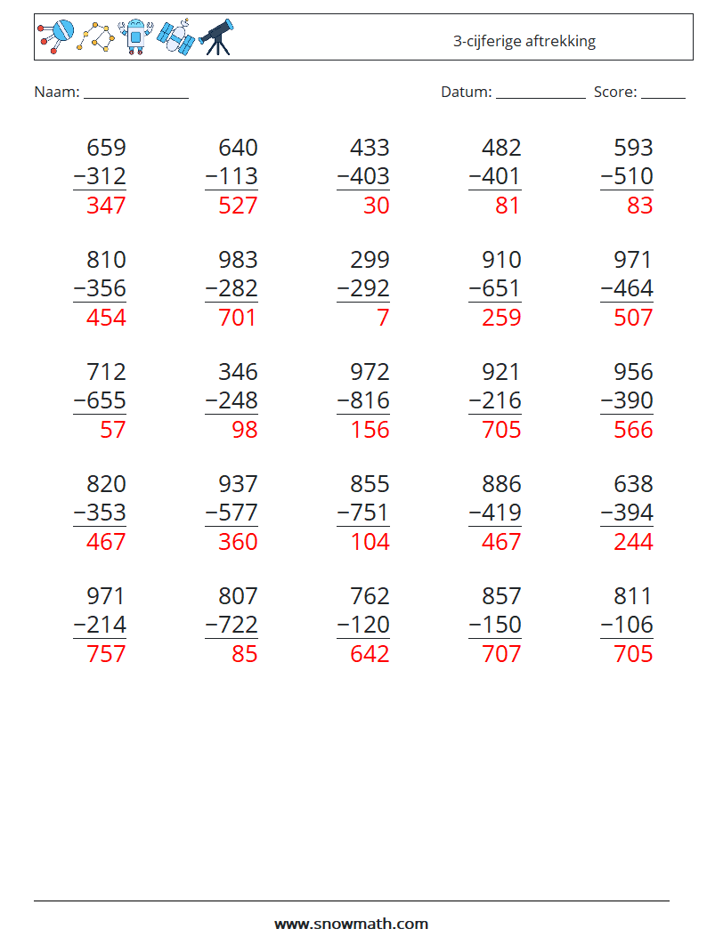 (25) 3-cijferige aftrekking Wiskundige werkbladen 4 Vraag, Antwoord