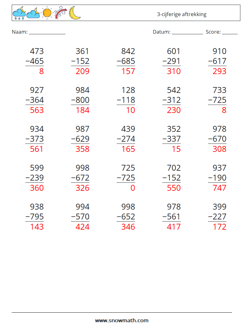 (25) 3-cijferige aftrekking Wiskundige werkbladen 5 Vraag, Antwoord