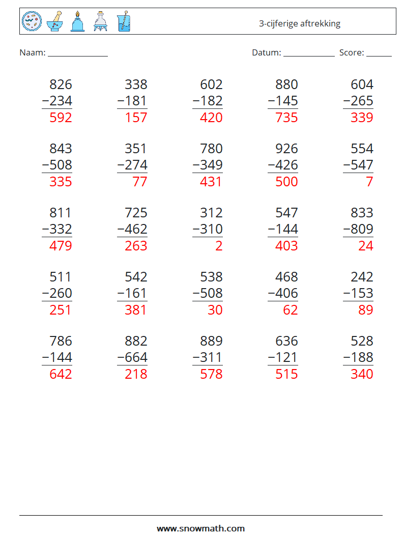 (25) 3-cijferige aftrekking Wiskundige werkbladen 6 Vraag, Antwoord