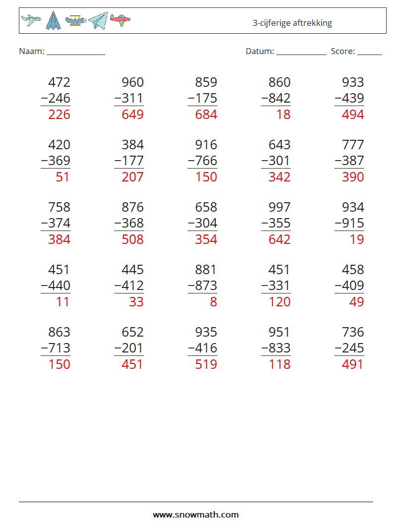 (25) 3-cijferige aftrekking Wiskundige werkbladen 7 Vraag, Antwoord