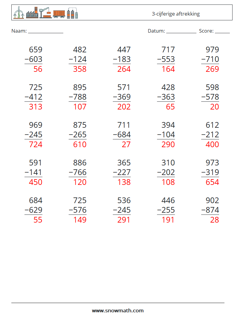 (25) 3-cijferige aftrekking Wiskundige werkbladen 9 Vraag, Antwoord